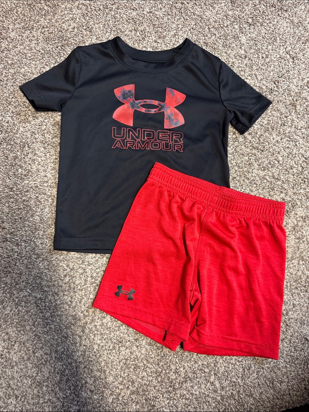Under Armour Black Tee with Red Logo & Red Athletic Shorts Boys 24months